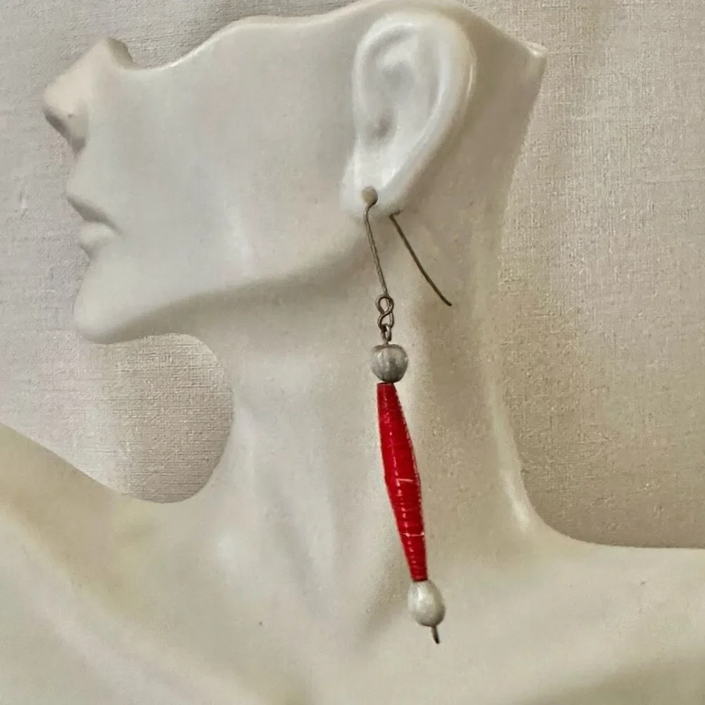 red and white paper and seed beaded earrings